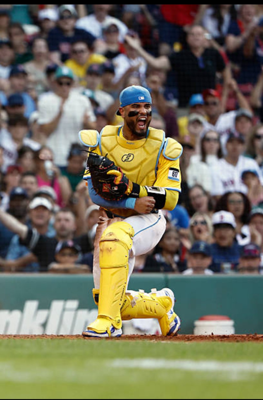 BOSTON, MA - JULY 12: Carlos Narváez #75 of the Boston Red Sox reacts during the game against the Tampa Bay Rays at Fenway Park on July 12, 2025 in Boston, Massachusetts. (Photo By Winslow